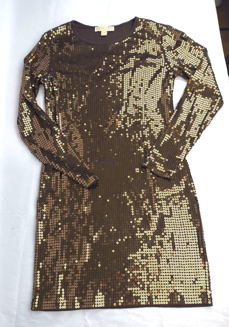 Michael Kors Bronze Gold Sequin Long Sleeve Ribbed Cotton Sweater Dress Medium